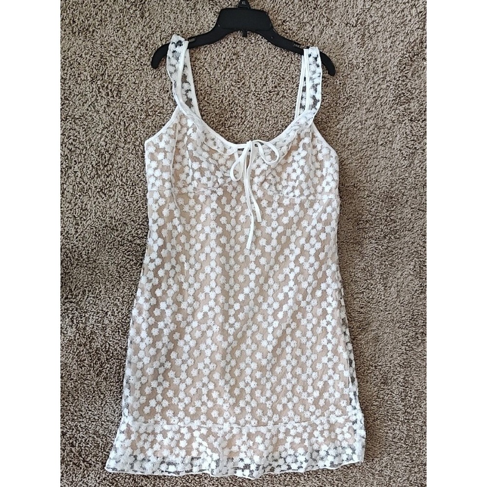 White Floral Daisy Lace Mini Dress Tie Front Ruffle Hem Nude Lining XL Beach - Picture 11 of 16